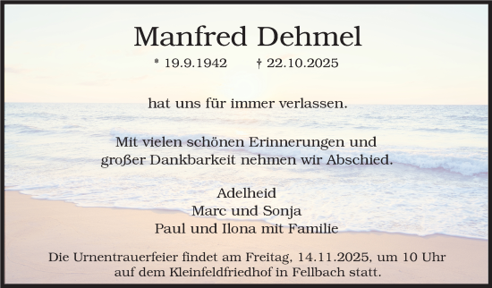 Traueranzeige von Manfred Dehmel von Stuttgarter Zeitung / Stuttgarter Nachrichten