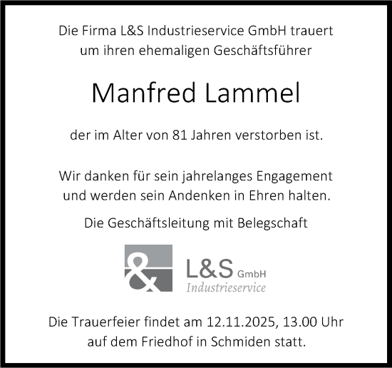 Traueranzeige von Manfred Lammel von Stuttgarter Zeitung / Stuttgarter Nachrichten
