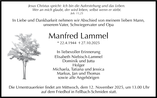 Traueranzeige von Manfred Lammel von Stuttgarter Zeitung / Stuttgarter Nachrichten