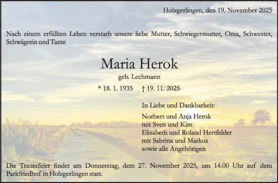 Traueranzeige von Maria Herok von Kreiszeitung Böblinger Bote