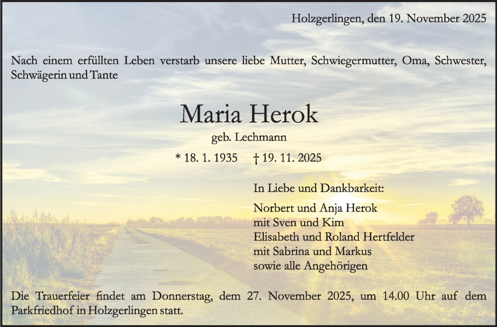  Traueranzeige für Maria Herok vom 22.11.2025 aus Kreiszeitung Böblinger Bote