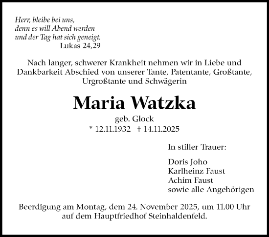 Traueranzeige von Maria Watzka von Stuttgarter Zeitung / Stuttgarter Nachrichten