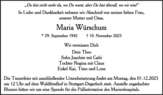 Traueranzeige von Maria Würschum von Stuttgarter Zeitung / Stuttgarter Nachrichten