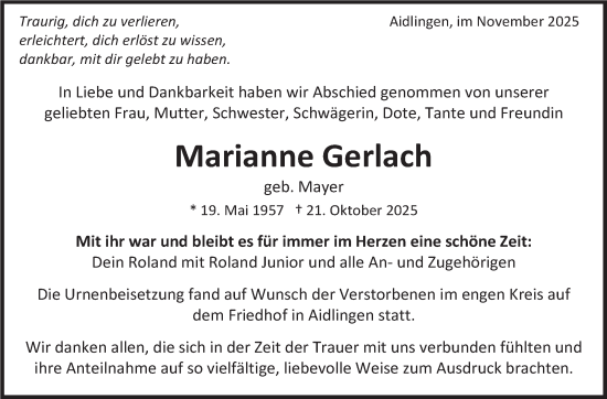 Traueranzeige von Marianne Gerlach von Kreiszeitung Böblinger Bote