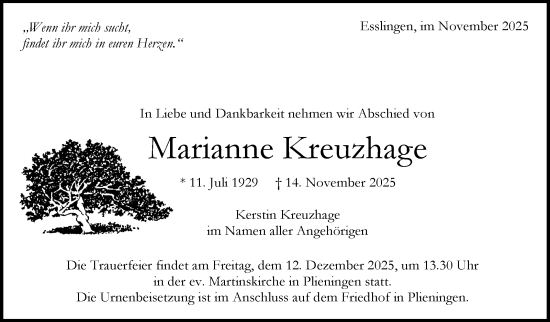 Traueranzeige von Marianne Kreuzhage von Eßlinger Zeitung