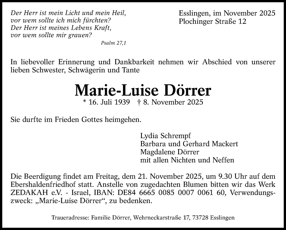  Traueranzeige für Marie-Luise Dörrer vom 15.11.2025 aus Eßlinger Zeitung