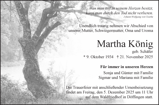 Traueranzeige von Martha König von Kreiszeitung Böblinger Bote