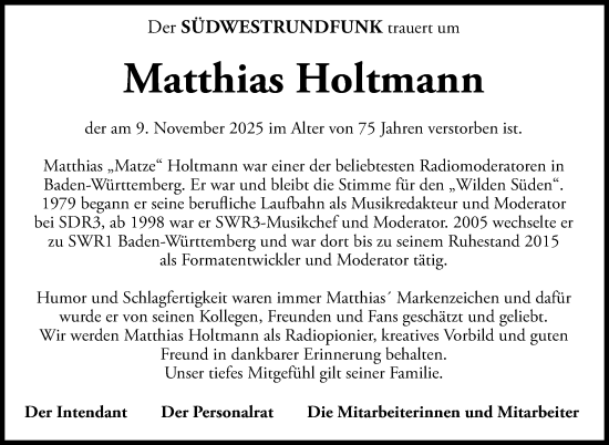 Traueranzeige von Matthias Holtmann von Stuttgarter Zeitung / Stuttgarter Nachrichten