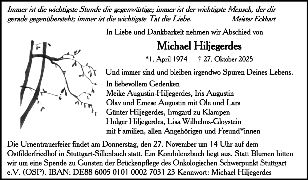  Traueranzeige für Michael Hiljegerdes vom 22.11.2025 aus Stuttgarter Zeitung / Stuttgarter Nachrichten