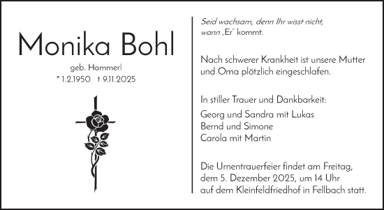 Traueranzeige von Monika Bohl von Stuttgarter Zeitung / Stuttgarter Nachrichten