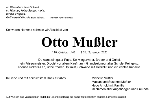 Traueranzeige von Otto Mußler von Stuttgarter Zeitung / Stuttgarter Nachrichten