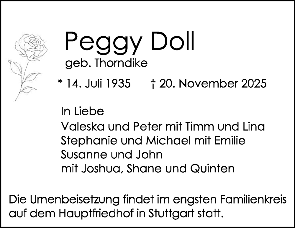  Traueranzeige für Peggy Doll vom 29.11.2025 aus Stuttgarter Zeitung / Stuttgarter Nachrichten