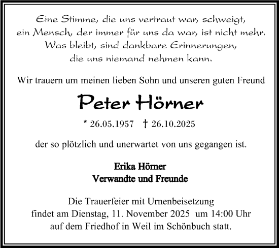 Traueranzeige von Peter Hörner von Kreiszeitung Böblinger Bote