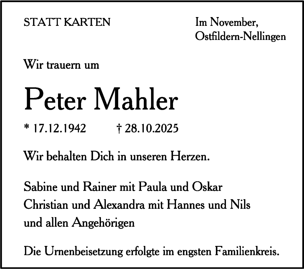  Traueranzeige für Peter Mahler vom 22.11.2025 aus Eßlinger Zeitung