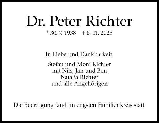 Traueranzeige von Peter Richter von Stuttgarter Zeitung / Stuttgarter Nachrichten