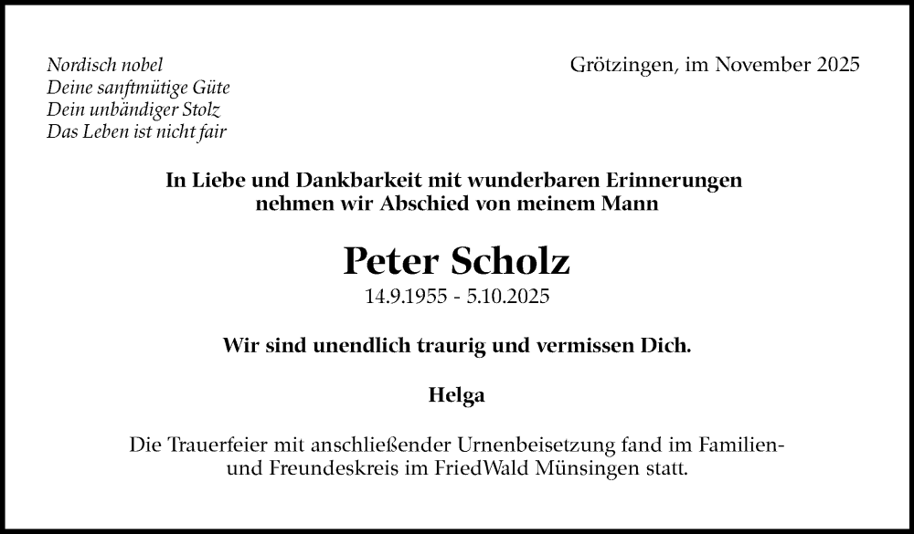  Traueranzeige für Peter Scholz vom 22.11.2025 aus Stuttgarter Zeitung / Stuttgarter Nachrichten