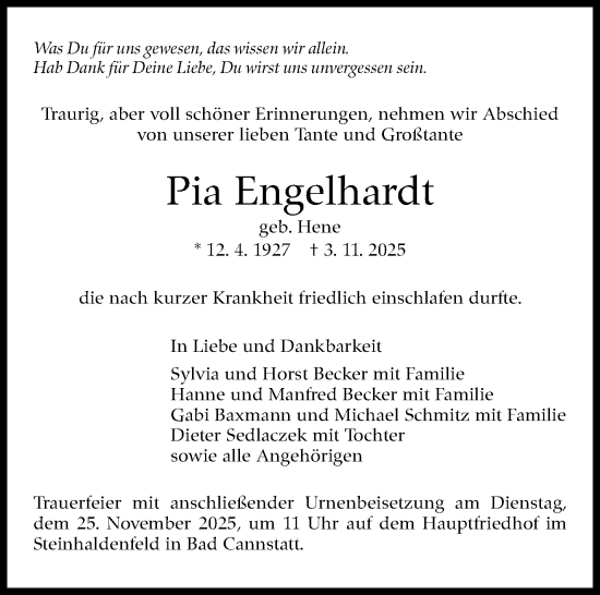 Traueranzeige von Pia Engelhardt von Stuttgarter Zeitung / Stuttgarter Nachrichten