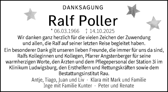 Traueranzeige von Ralf Poller von Marbacher Zeitung