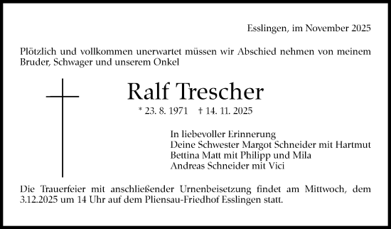 Traueranzeige von Ralf Trescher von Eßlinger Zeitung
