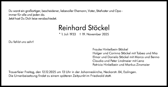 Traueranzeige von Reinhard Stöckel von Stuttgarter Zeitung / Stuttgarter Nachrichten