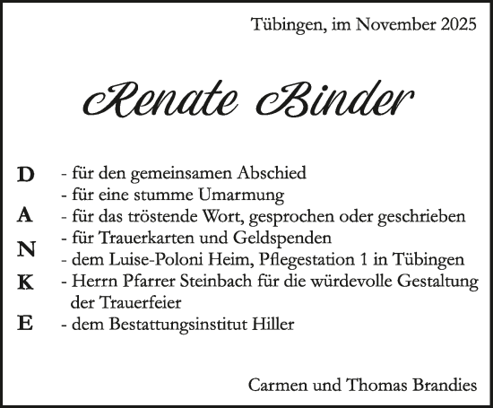 Traueranzeige von Renate Binder von Kreiszeitung Böblinger Bote