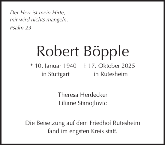 Traueranzeige von Robert Böpple von Leonberger Kreiszeitung / Strohgäu Extra