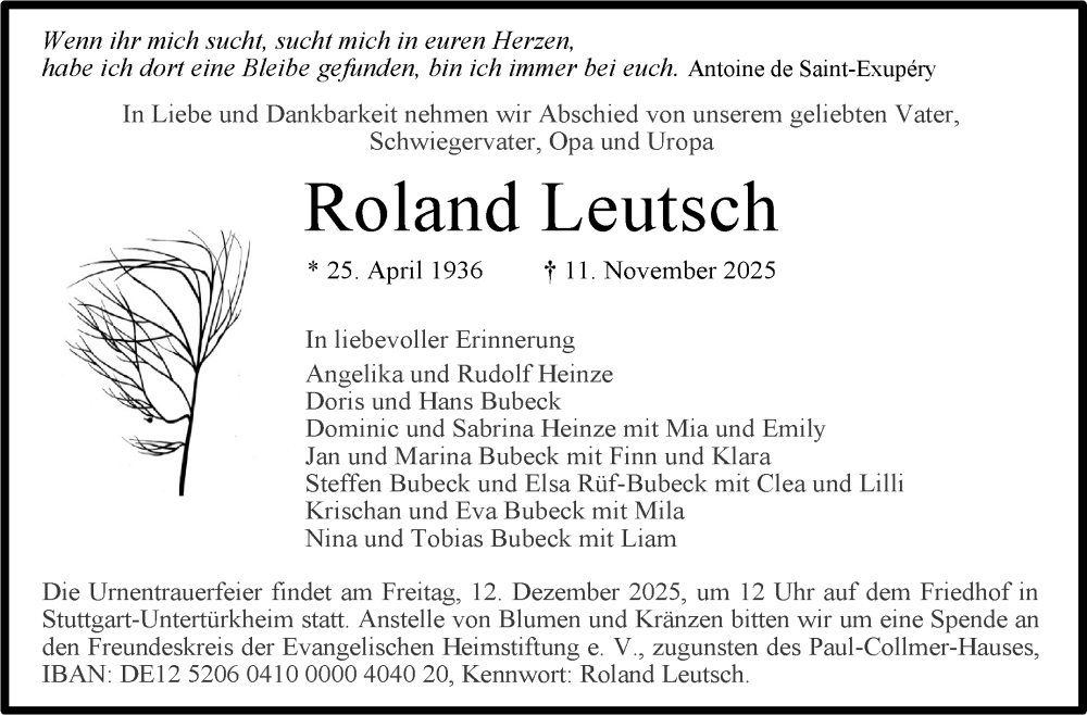  Traueranzeige für Roland Leutsch vom 19.11.2025 aus Stuttgarter Zeitung / Stuttgarter Nachrichten