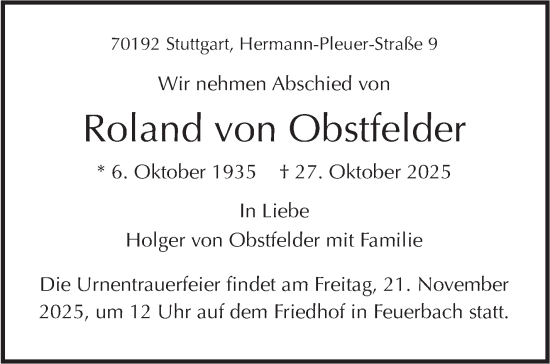 Traueranzeige von Roland von Obstfelder von Stuttgarter Zeitung / Stuttgarter Nachrichten