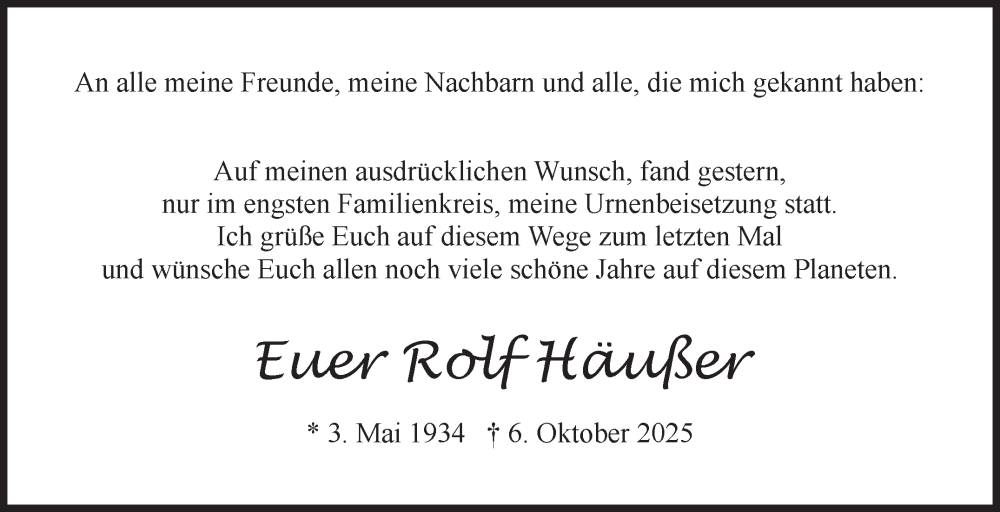  Traueranzeige für Rolf Häußer vom 06.11.2025 aus Eßlinger Zeitung