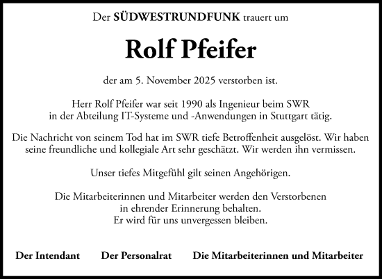 Traueranzeige von Rolf Pfeifer von Stuttgarter Zeitung / Stuttgarter Nachrichten