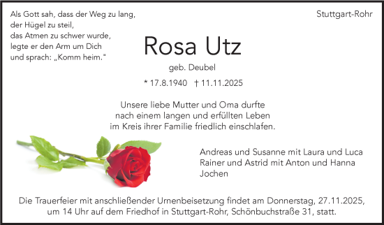 Traueranzeige von Rosa Utz von Stuttgarter Zeitung / Stuttgarter Nachrichten