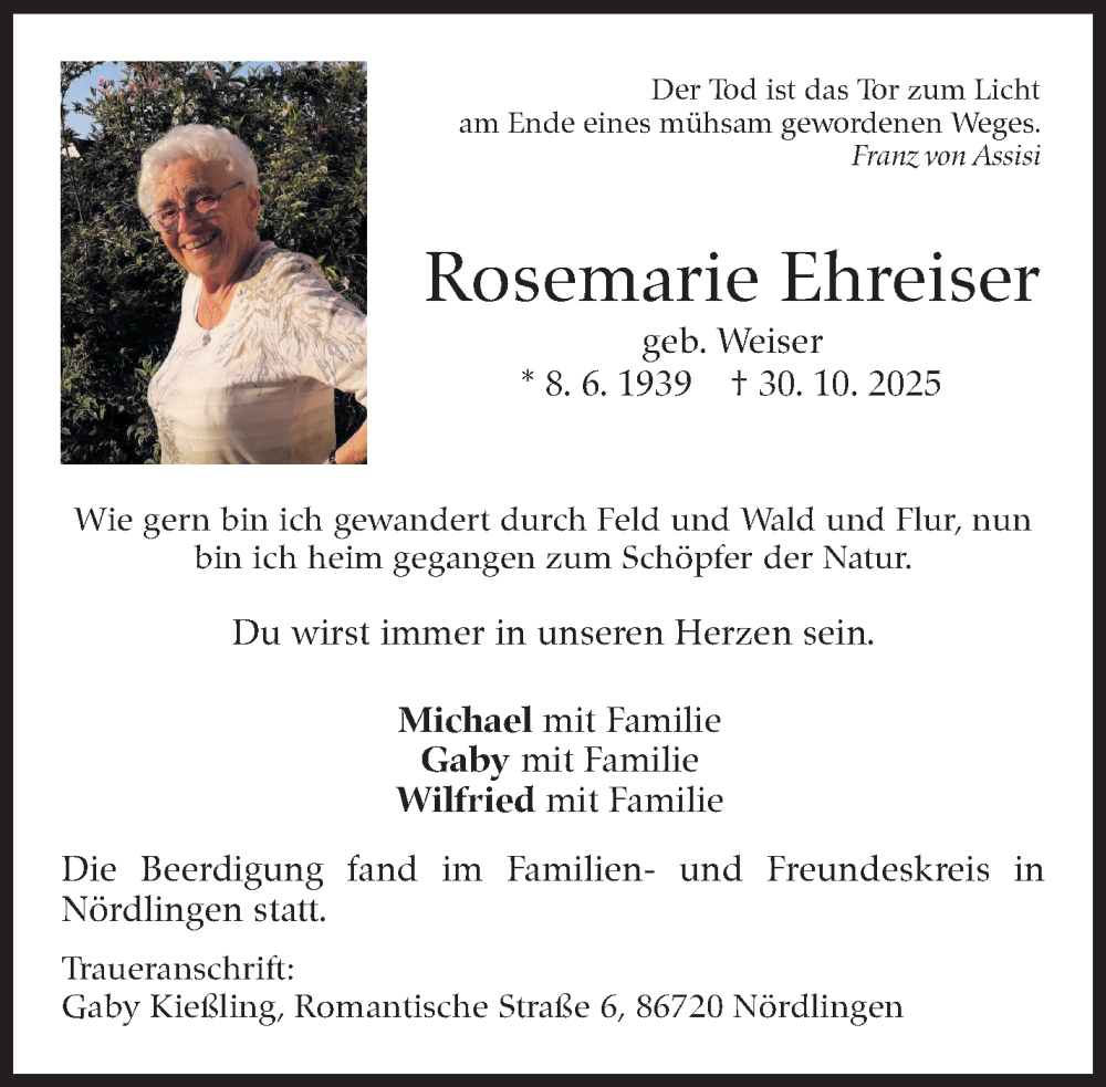  Traueranzeige für Rosemarie Ehreiser vom 21.11.2025 aus Eßlinger Zeitung