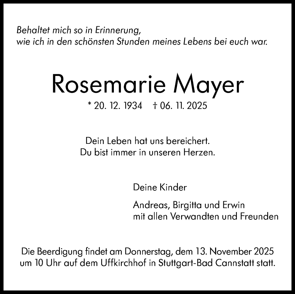  Traueranzeige für Rosemarie Mayer vom 10.11.2025 aus Stuttgarter Zeitung / Stuttgarter Nachrichten