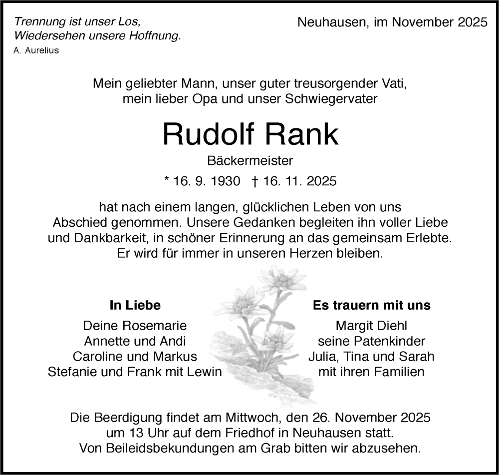  Traueranzeige für Rudolf Rank vom 22.11.2025 aus Eßlinger Zeitung