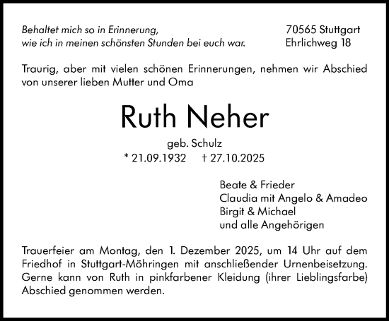 Traueranzeige von Ruth Neher von Stuttgarter Zeitung / Stuttgarter Nachrichten