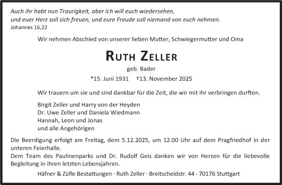 Traueranzeige von Ruth Zeller von Stuttgarter Zeitung / Stuttgarter Nachrichten