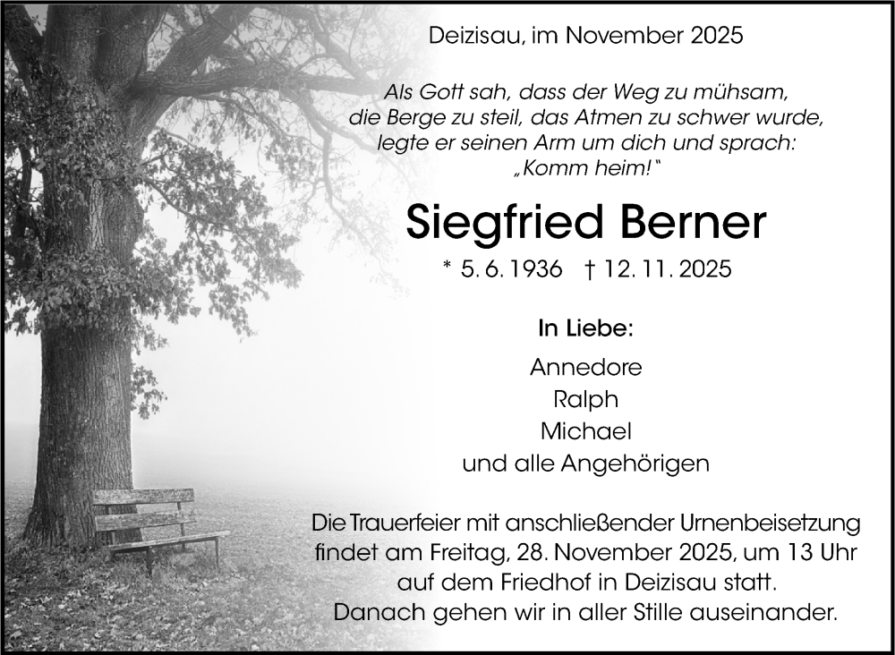  Traueranzeige für Siegfried Berner vom 22.11.2025 aus Eßlinger Zeitung