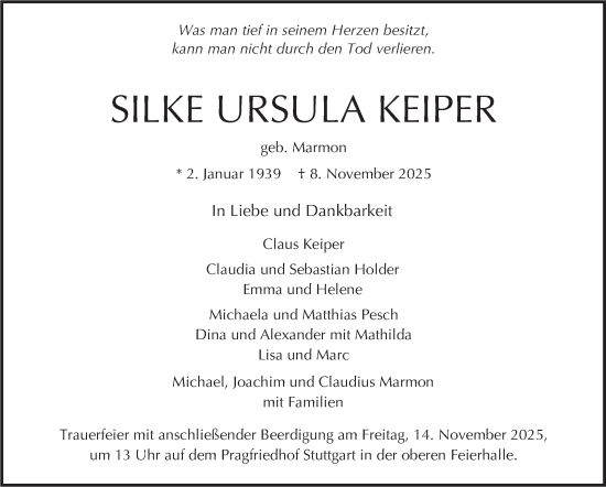 Traueranzeige von Silke Ursula Keiper von Stuttgarter Zeitung / Stuttgarter Nachrichten