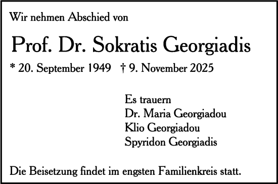 Traueranzeige von Sokratis Georgiadis von Stuttgarter Zeitung / Stuttgarter Nachrichten
