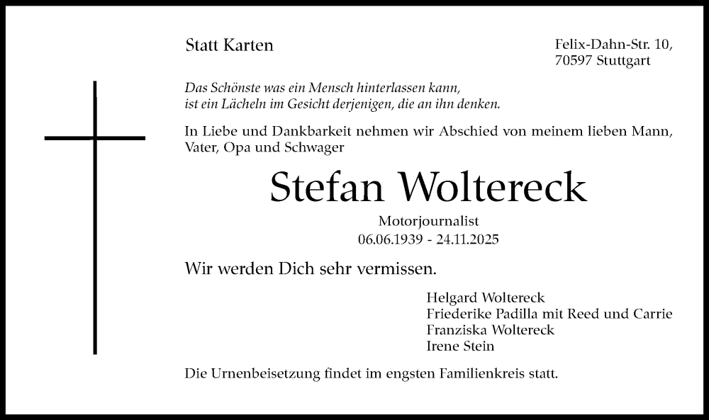  Traueranzeige für Stefan Woltereck vom 29.11.2025 aus Stuttgarter Zeitung / Stuttgarter Nachrichten