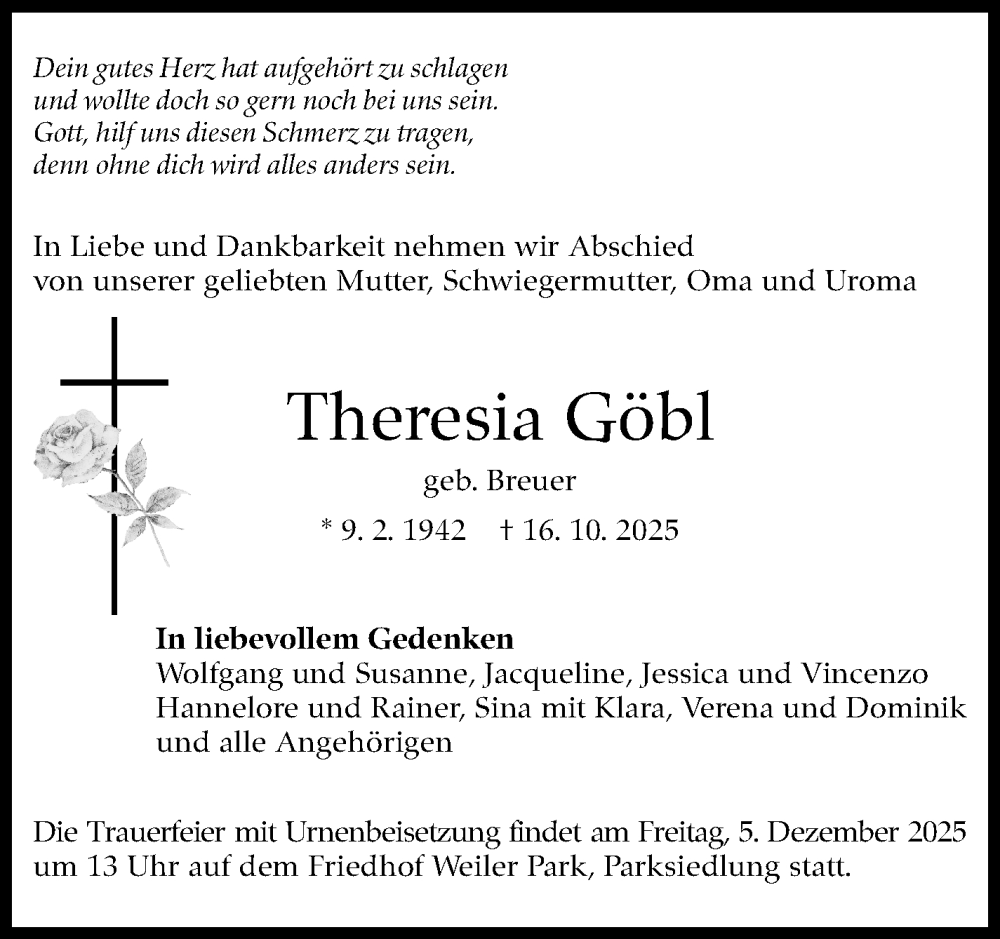  Traueranzeige für Theresia Göbl vom 15.11.2025 aus Eßlinger Zeitung