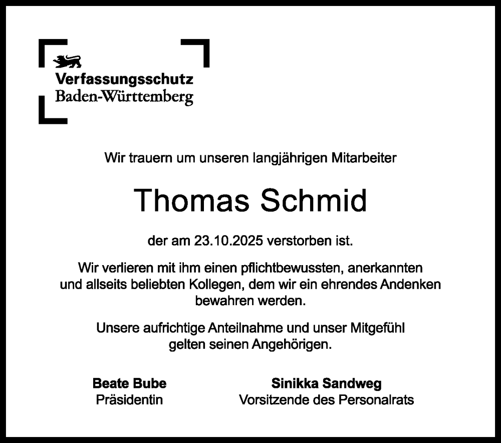  Traueranzeige für Thomas Schmid vom 06.11.2025 aus Stuttgarter Zeitung / Stuttgarter Nachrichten