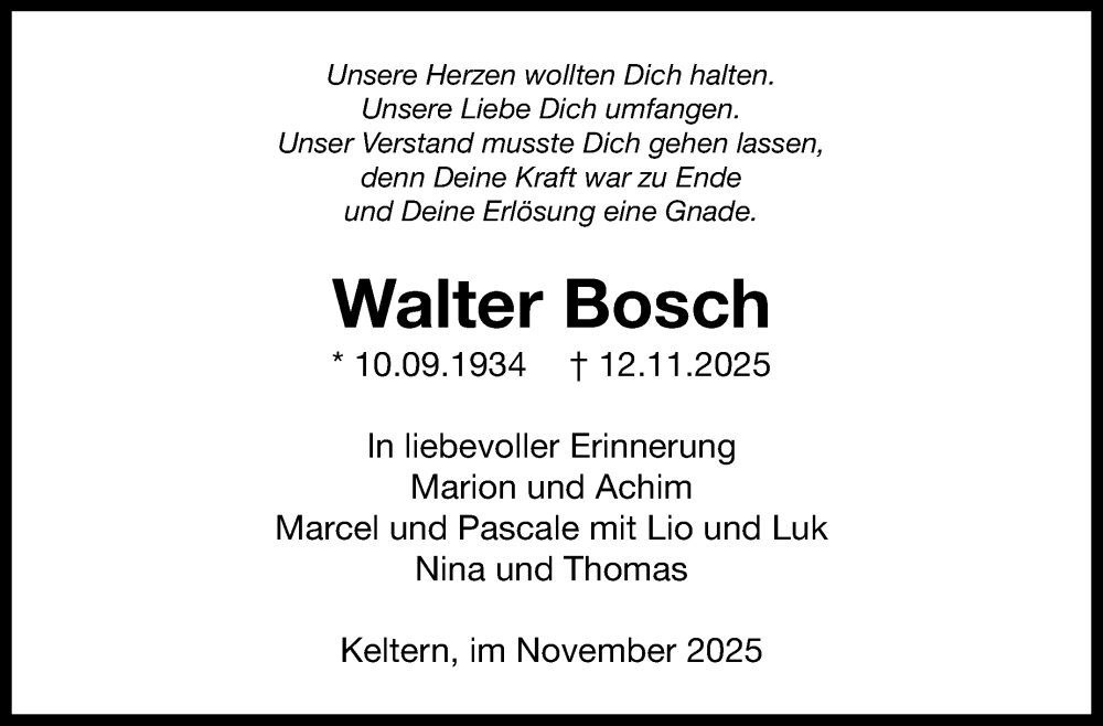 Traueranzeige für Walter Bosch vom 20.11.2025 aus Leonberger Kreiszeitung / Strohgäu Extra