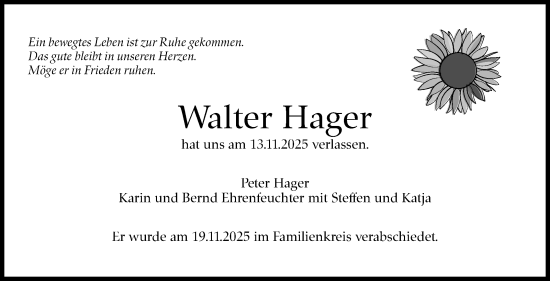 Traueranzeige von Walter Hager von Stuttgarter Zeitung / Stuttgarter Nachrichten