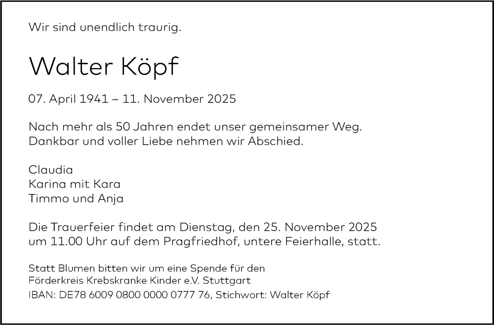  Traueranzeige für Walter Köpf vom 22.11.2025 aus Stuttgarter Zeitung / Stuttgarter Nachrichten