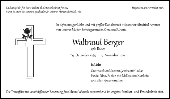 Traueranzeige von Waltraud Berger von Eßlinger Zeitung