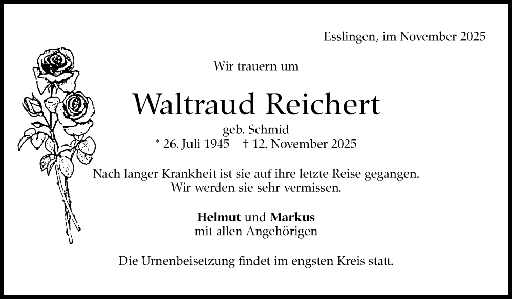  Traueranzeige für Waltraud Reichert vom 29.11.2025 aus Eßlinger Zeitung