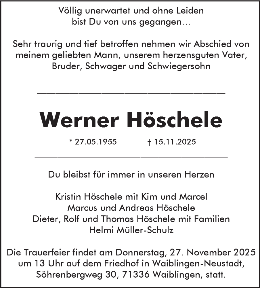 Traueranzeige für Werner Höschele vom 24.11.2025 aus Leonberger Kreiszeitung / Strohgäu Extra