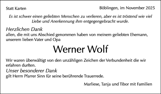 Traueranzeige von Werner Wolf von Kreiszeitung Böblinger Bote