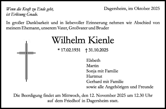 Traueranzeige von Wilhelm Kienle von Kreiszeitung Böblinger Bote